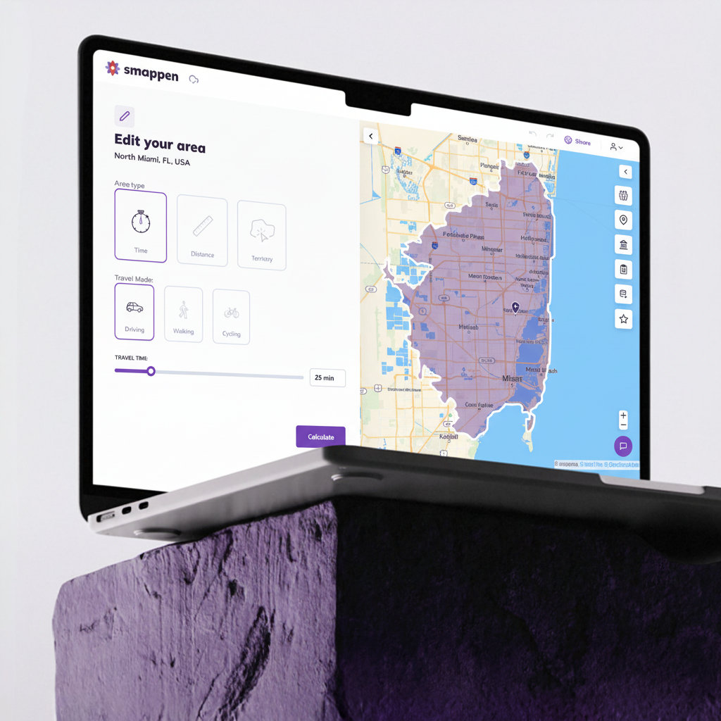 Travel time map showing reachable areas by driving, walking, and cycling in Smappen